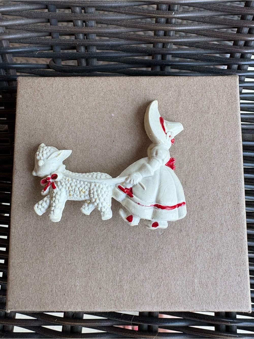 White vintage Girl and Lamb Sheep Broach with Red Trim